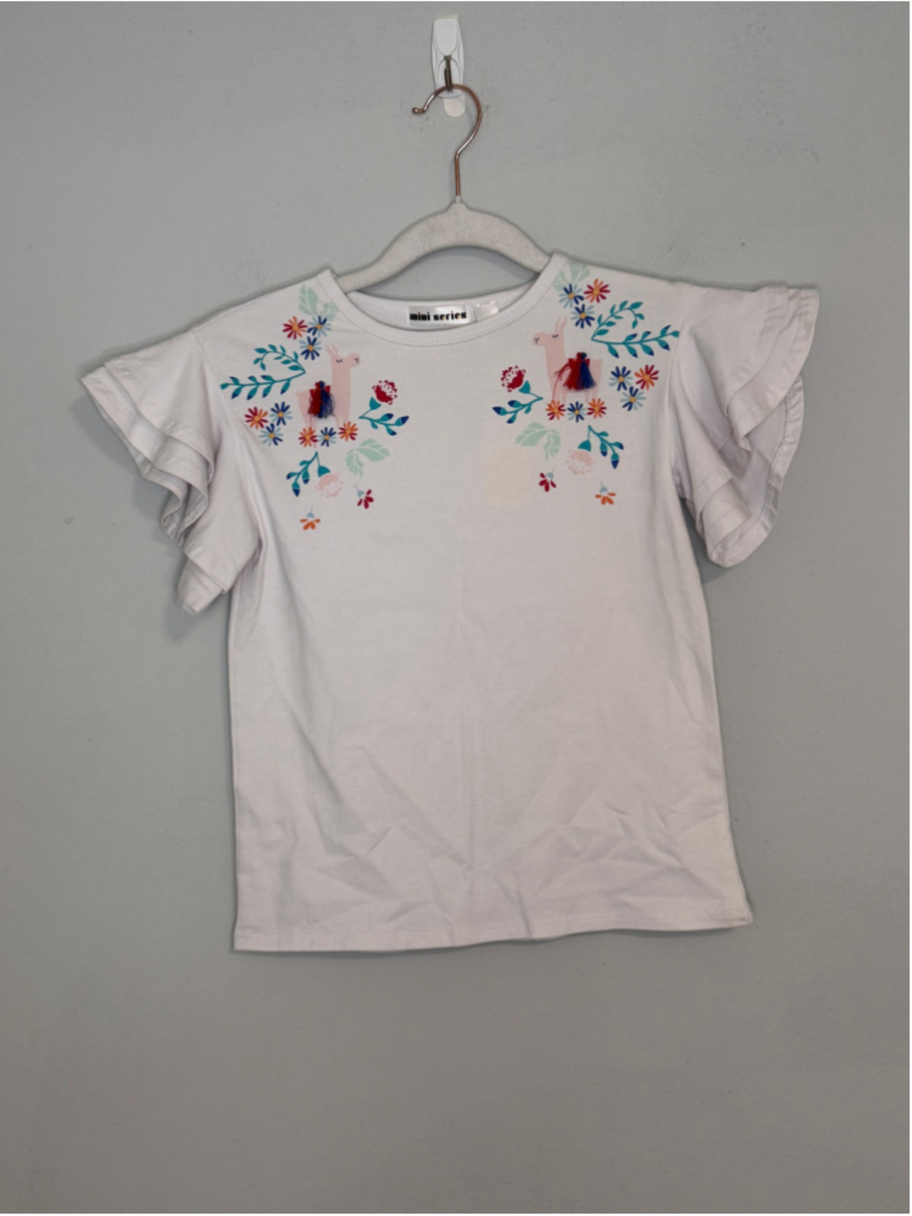 Girls Mini Series Llama Floral Ruffle Sleeve Tee White Size 6X